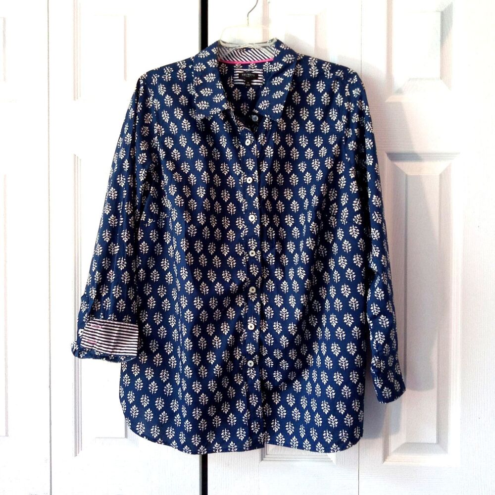 Talbots Size 1X Cotton Button Front Shirt "Happy Leaves" Navy White